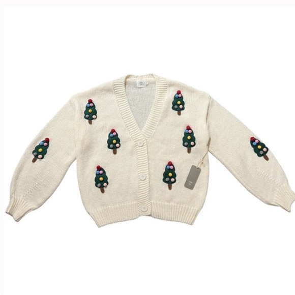 NWT Luna Ivy Cream Cardigan Tree PomPom Embroidery in size medium Christmas? - Picture 2 of 7